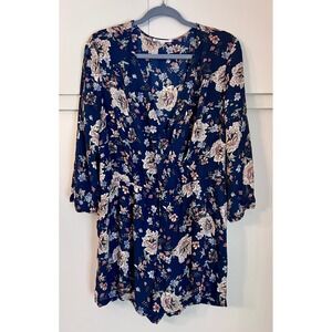 DR2 by Daniel Rainn Navy Blue Floral Cold Shoulder Romper 3/4 Sleeve Womens L